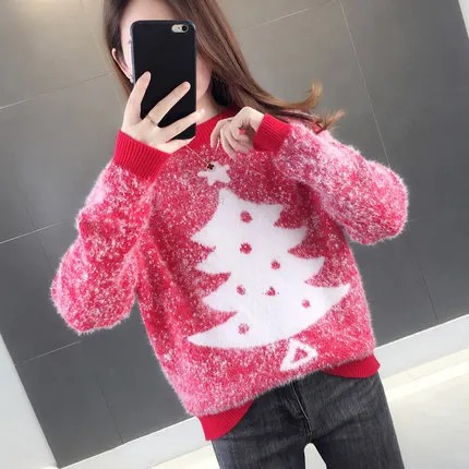 

Thick Christmas Red Ugly Sweater Cashmere Loose -fit Pullover Underwear B 's New Style Autumn and Winter One- Piece Faux Mink