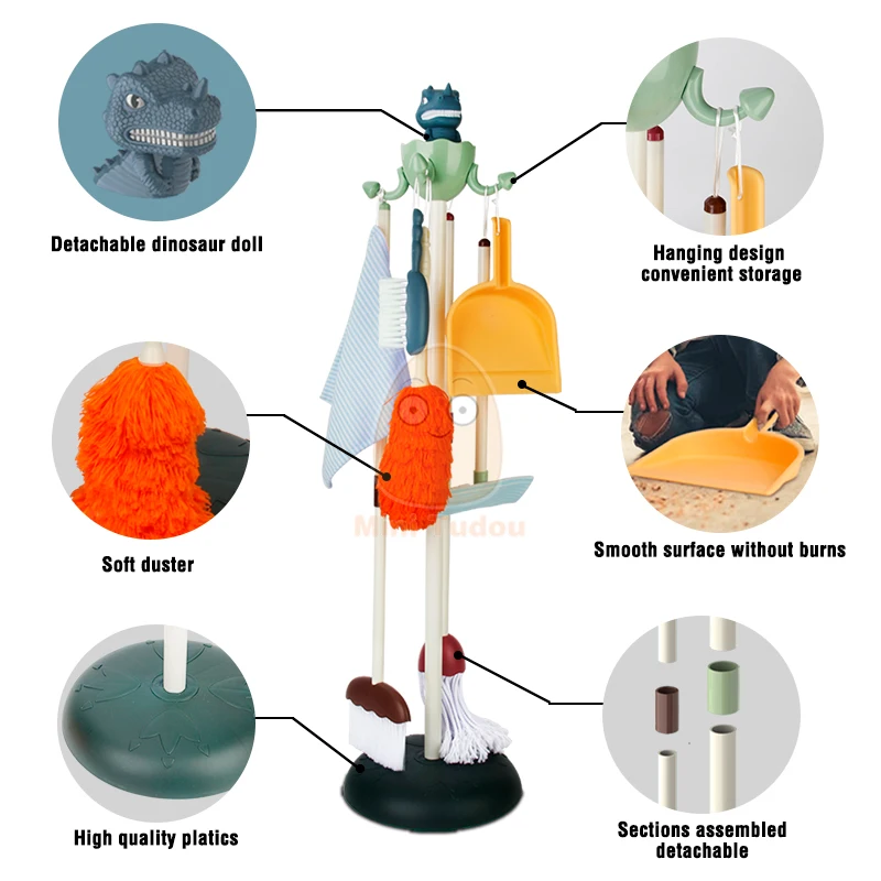 Kids Dinosaur Housework Tool Toys Plastic Cartoon Pretend Play Cleaning Broom Mop Brush Set Educational Toys For Children Gift
