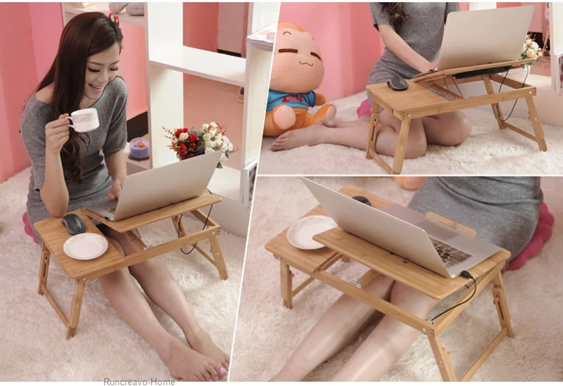 Actionclub Nature Bamboo Laptop Table Simple Computer Desk with Fan for Bed Sofa Folding Adjustable Laptop Desk on the Bed