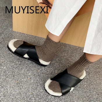 

Wool Fur Slippers for Women Slide Sandal Fuzzy Genuine Leather Brand Shoes Slip On Flat Slingback XL12 MUYISEXI