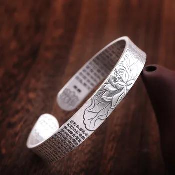 

990 Full Silver Lotus Bangles for Women Thai Silver Buddhistic Open Bangles Heart Sutra Religious Gifts