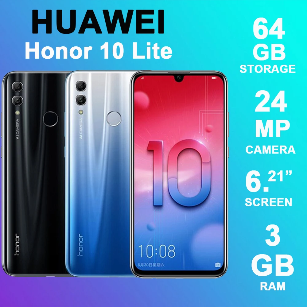 Honor 10 Lite Android 9.0 6.21inch 3+64GB Smart Phone 3400mAh 24MP 3 Camera Mobile Phone AI Camera Fingerprint Octa Core