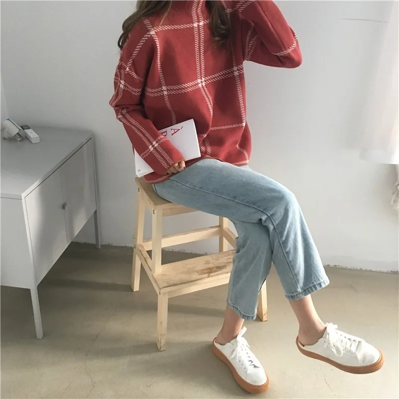 Korean version of turtleneck sweater women Western style plaid all-match simple loose knit sweater top fashion all-match