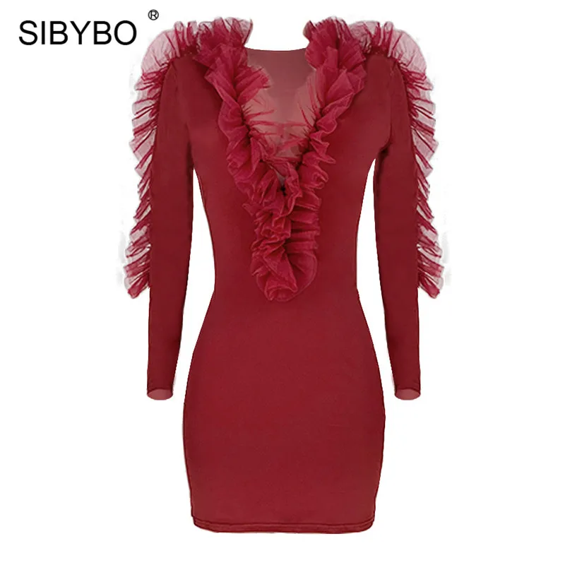 Бургундия SIBYBO Ruffles Mesh Spliced Sexy Bodycon Dress Long Sleeve Mini Autumn Dress Women V-Neck Leopard Print Elegant Party Dress - Цвет: Бургундия