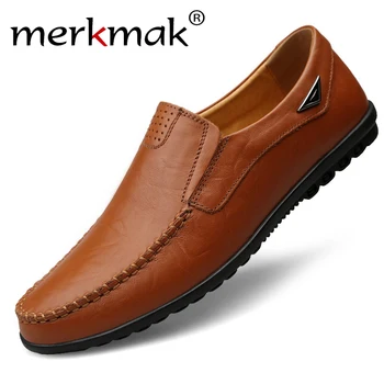 

Merkmak Genuine Leather Men Casual Shoes Luxury Brand Mens Loafers Moccasins Breathable Slip on Black Driving Shoes Plus Size