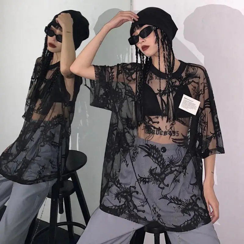 Y2k Gehaakte Visnet Lange Mouw Top Vintage Hollow Out Knit See Through