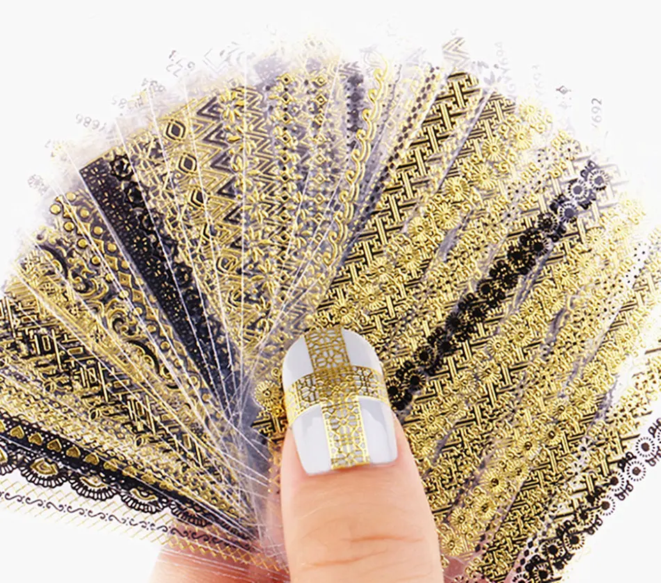 

24 Sheets Nail Stickers 3D Nail Art Decal Bronzing Manicure Gold Silver Stripe Heart Glitter Decorations Girl Nails Assecories