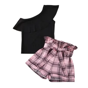 

Pudcoco Toddler Baby Girl Clothes Solid Color Off Shoulder Ruffle Tops Plaids Short Pants 2Pcs Outfits Cotton Clothes Set