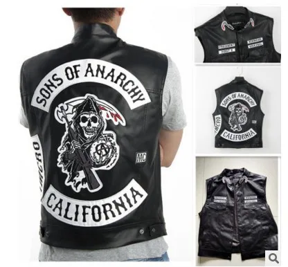 

Free Shipping Sons of Anarchy Embroidery Leather Rock Punk Vest Cosplay Costume Black Color Harley Motorcycle Sleeveless Jacket