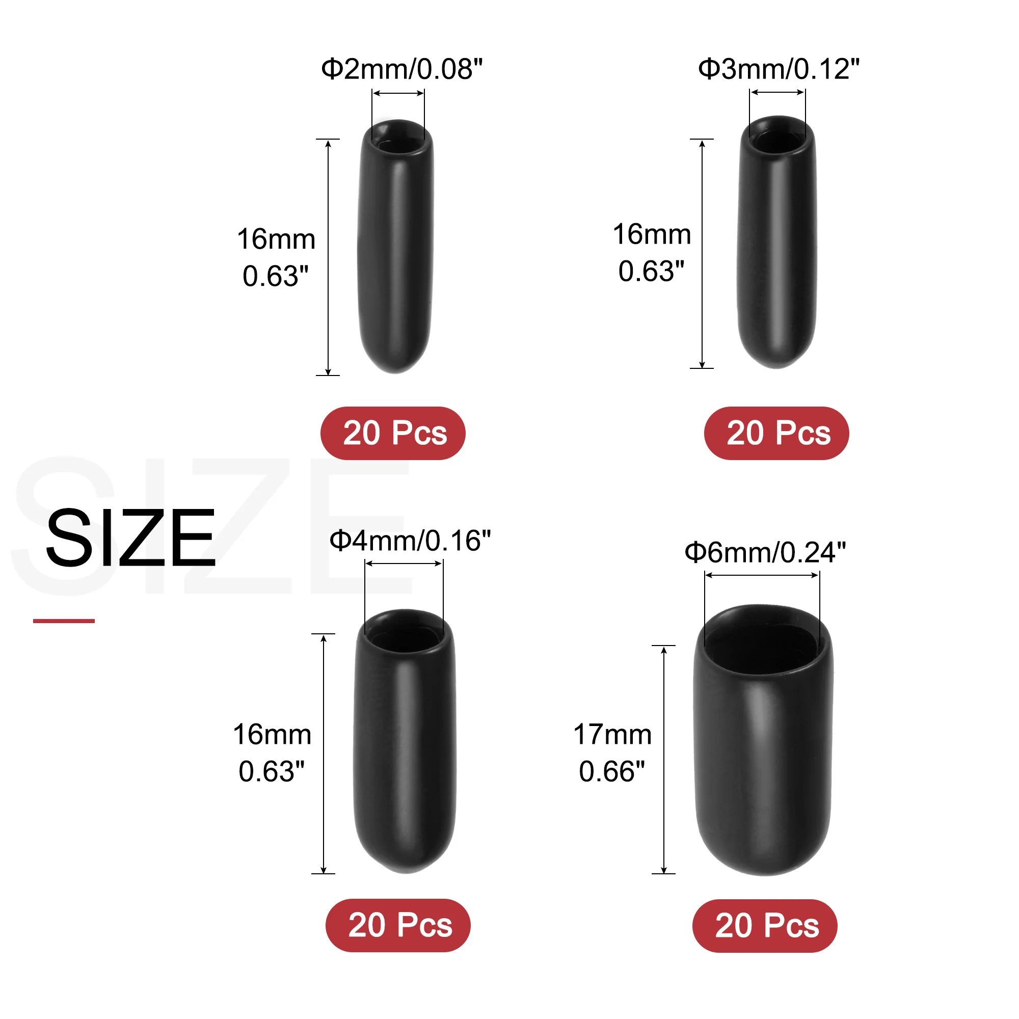 80pcs Round Rubber End Caps 3/32" 1/8" 5/32" 1/4" Black Vinyl Cover Screw Thread Protectors Assortment Kit Plastic Sleeve