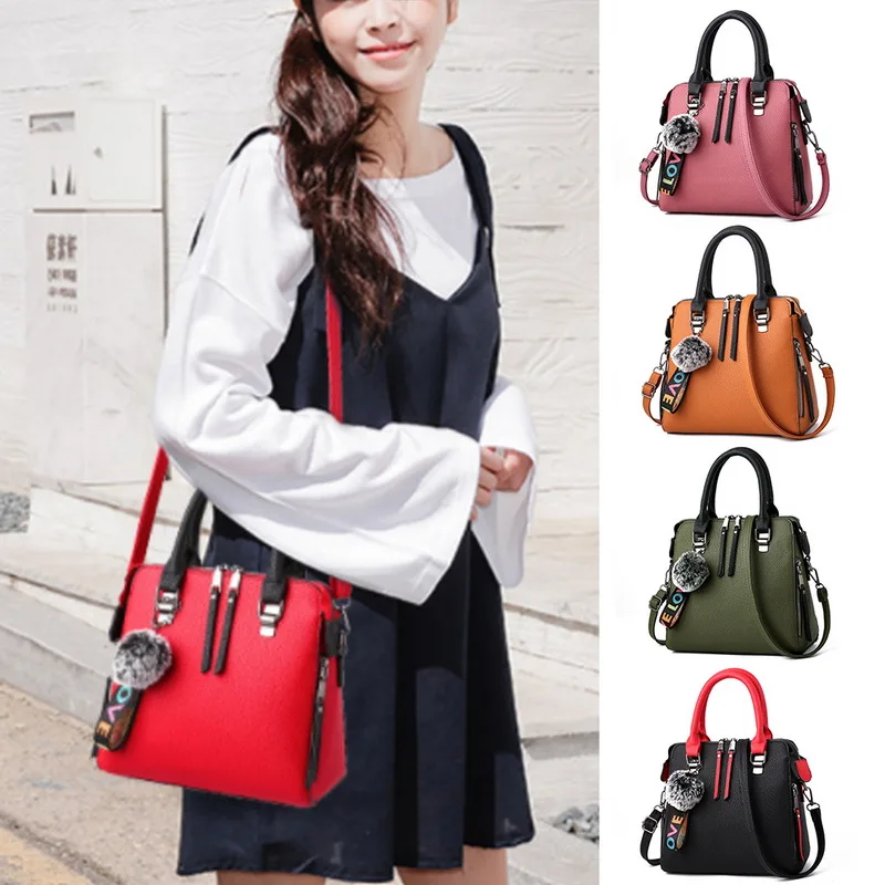 

PU Leather Women HandBags 2020 Messenger Bag Fur Ball Crossbody Flap Bags Female Shoulder Bag Solid Color Handbags