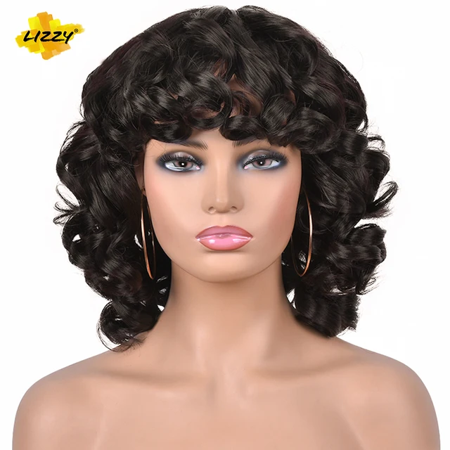Short Hair Afro Curly Wig With Bangs Loose Synthetic Cosplay Fluffy Shoulder Length Natural Wigs For Black Women Dark Brown 14