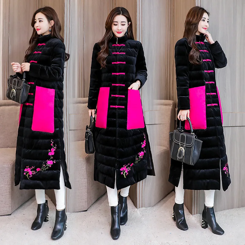 

2018 Winter New Style Embroidered Chinese-style Long Cotton-padded Clothes Fashion Mixed Colors Frog Ethnic-Style Gold Velvet Co