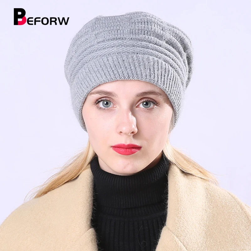 BEFORW New Knitted Warm Winter Wool Hats For Women Classic French Plus Velvet Beret Jacquard Casual Caps