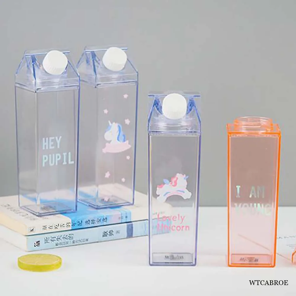 Water Bottle Sports Water bottle Plastic Clear Milk Carton Cute My Water Bottle Girls Reusable Juice Transparent Leakproof Cup Drinking