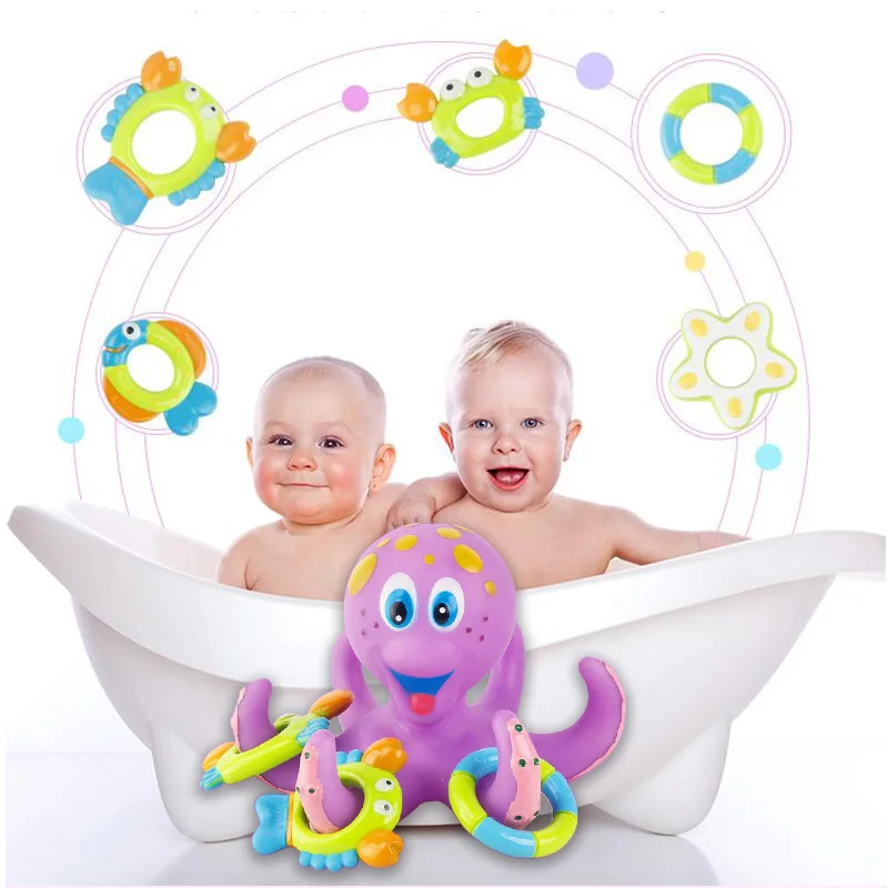 Высокое Качество Милые Игрушки для ванны осьминог с 5 шт. плавающее кольцо бросок игра ванна для купания сжимаются звучащие игрушки для детей