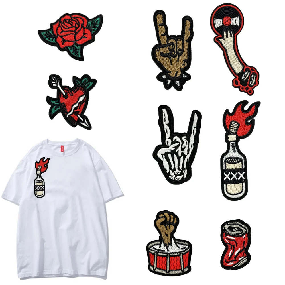 

1PC Cool Rock Embroidery Cloth Stickers Clothes Adhesive Patch Oil Bottle Patches Iron On Clothes Punk Style Patch