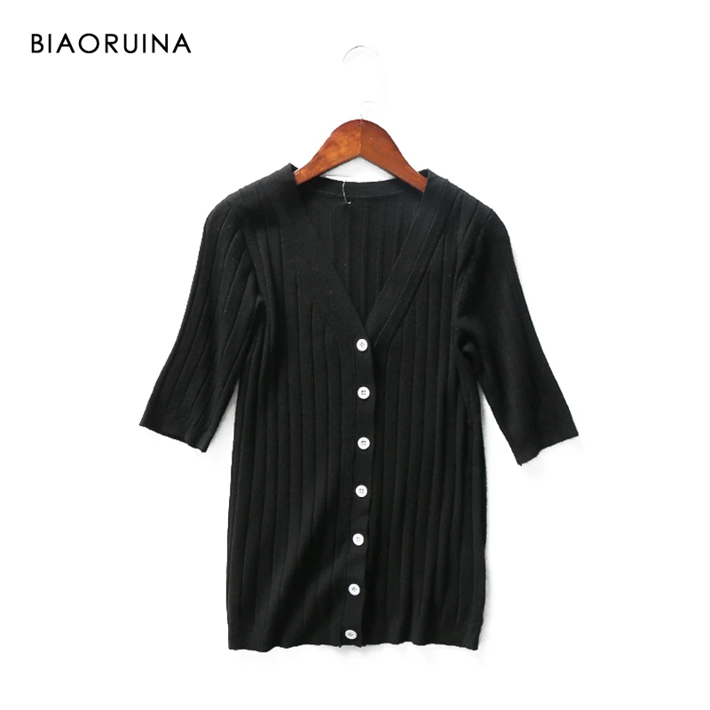 

BIAORUINA 5 Color Women's Vertical Solid Casual Knit Cardigans Female Single Breasted V-neck All-match Basic Sweaters