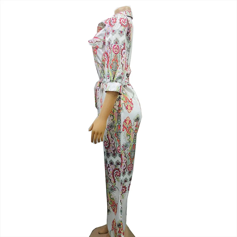 Seluxu Fall Autumn Women Jumpsuit Floral Print Jumpsuit Long Sleeve Turn-down Collar Jumpsuit Sashes Wide Leg Women Romper