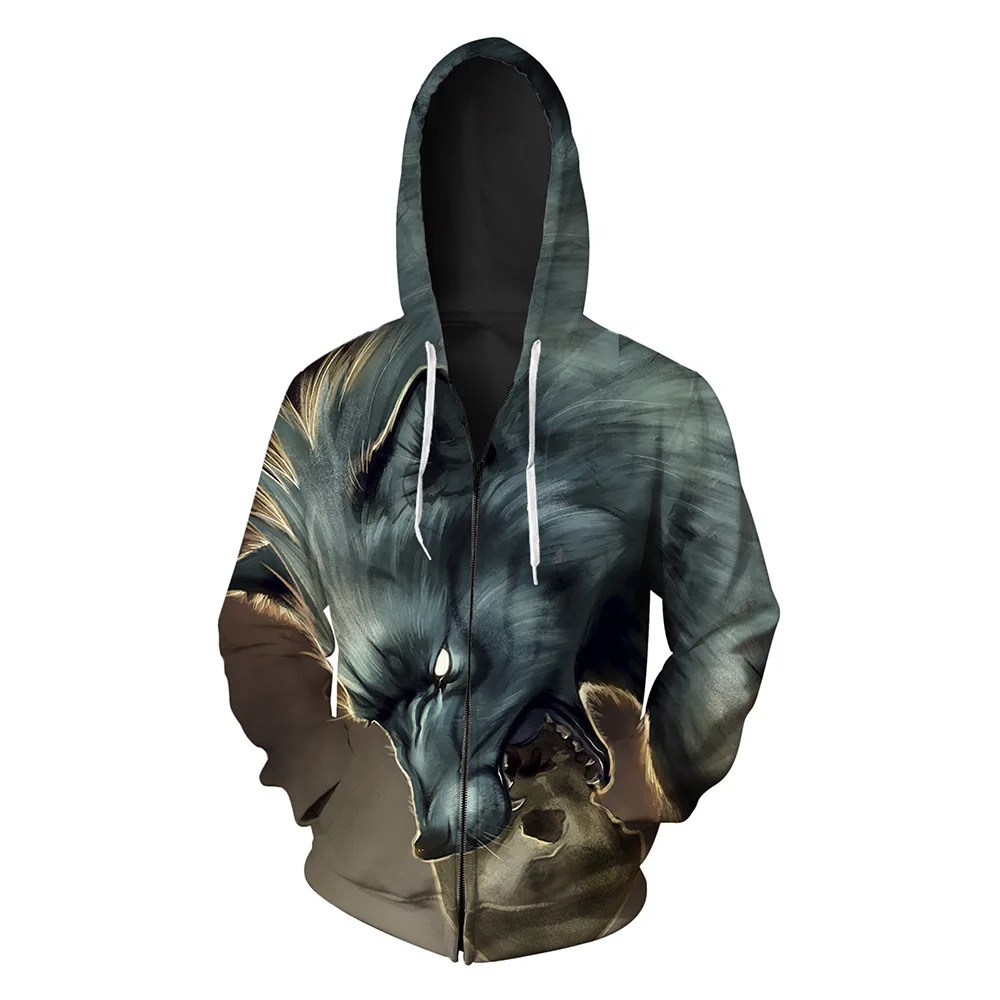 Мужские толстовки с принтом волка, с открытым верхом и капюшоном, модные мужские толстовки с капюшоном на молнии