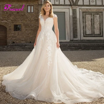 

Fsuzwel New Charming Scoop Neck Button A-Line Wedding Dresses 2020 Luxury Cap Sleeve Appliques Court Train Vintage Bridal Gown