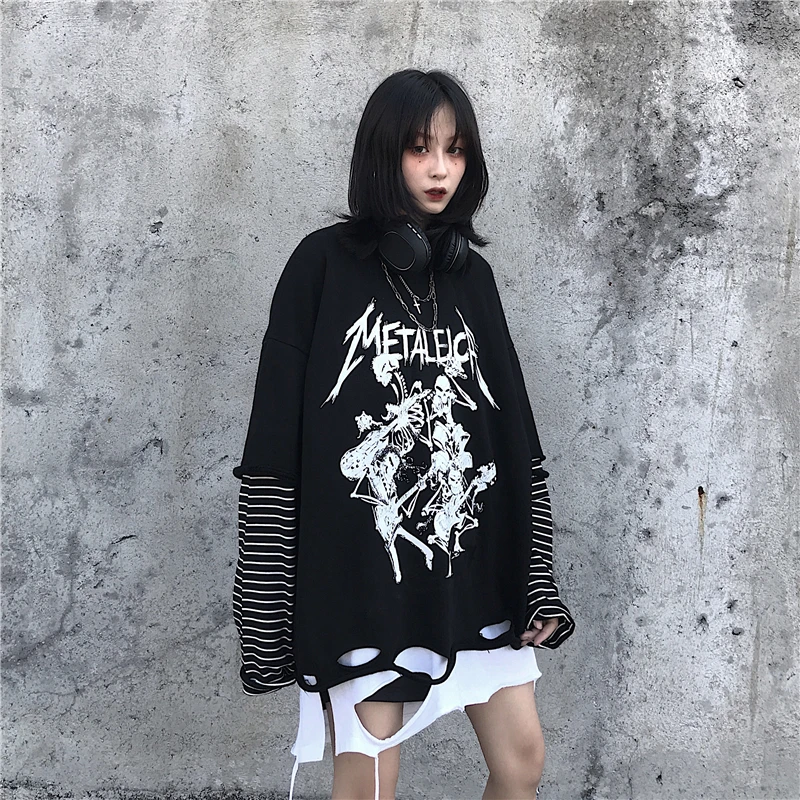 Woherb Harajuku Свитшот женский черный поддельный 2 шт толстовки в полоску с принтом