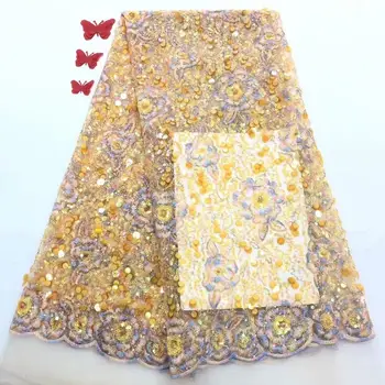 

Hot Selling Sequins African French Lace Fabric With Sequins High Quality Nigerian gold Lace Fabric For Wedding FD128