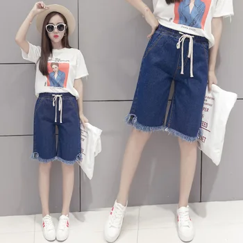 

Film cowboy five minutes of pants high female elastic waist loose burrs large size ladies cowboy pants in female students