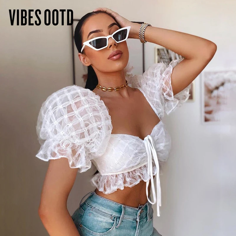 

VIBESOOTD Fashion Drawstring Women Tops and Blouses Shirts White Bubble Sleeve Summer Ruffles Sexy Crop Tops Blusas Mujer