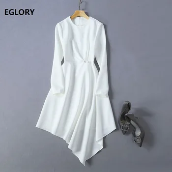 

High Quality New 2019 Autumn Celebrity Style Women Beading Deco Long Sleeve Asymmetrical White Black Party Gorgeous Dress Ladies