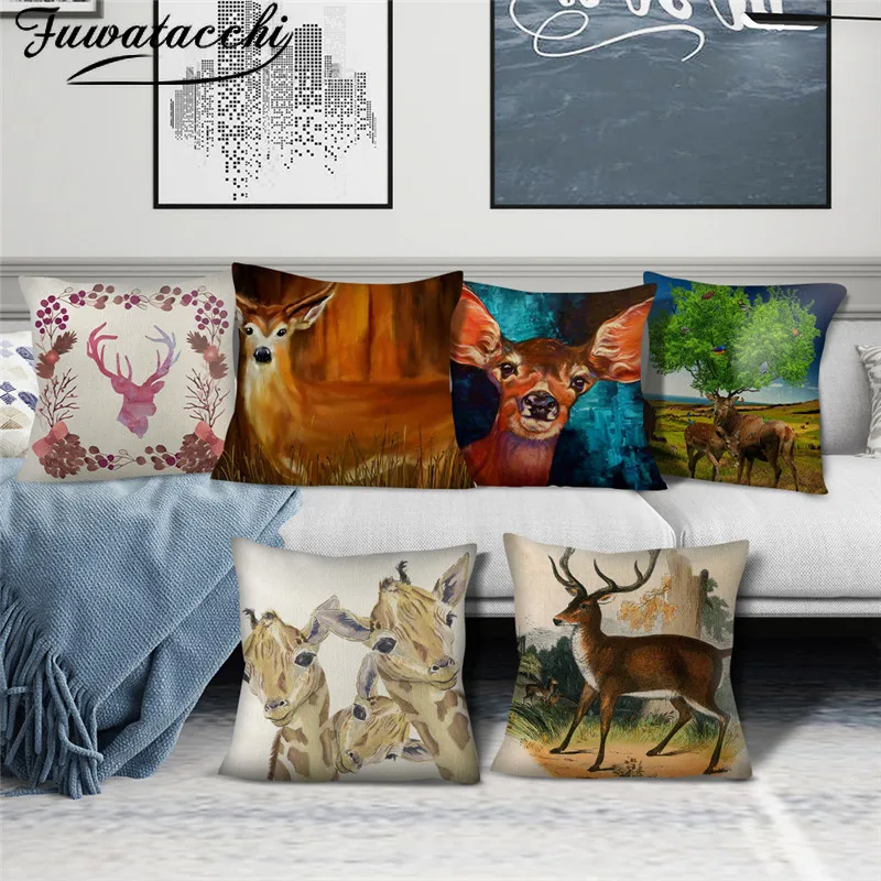 Fuwatacchi Cute Deer Pattern Cushion Cover Pure Linen Giraffe Printed Pillow for Home Sofa Decorative Pillowcases 45x45cm | Дом и сад