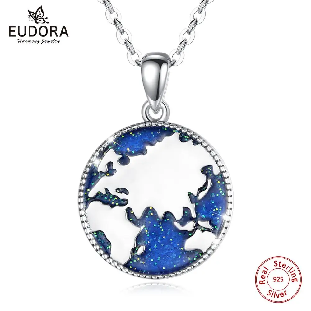 

EUDORA 925 Sterling Silver World Map Necklace Blue Crystal CZ Map earth Pendant World Map Ocean Necklaces Dainty Pendants D557