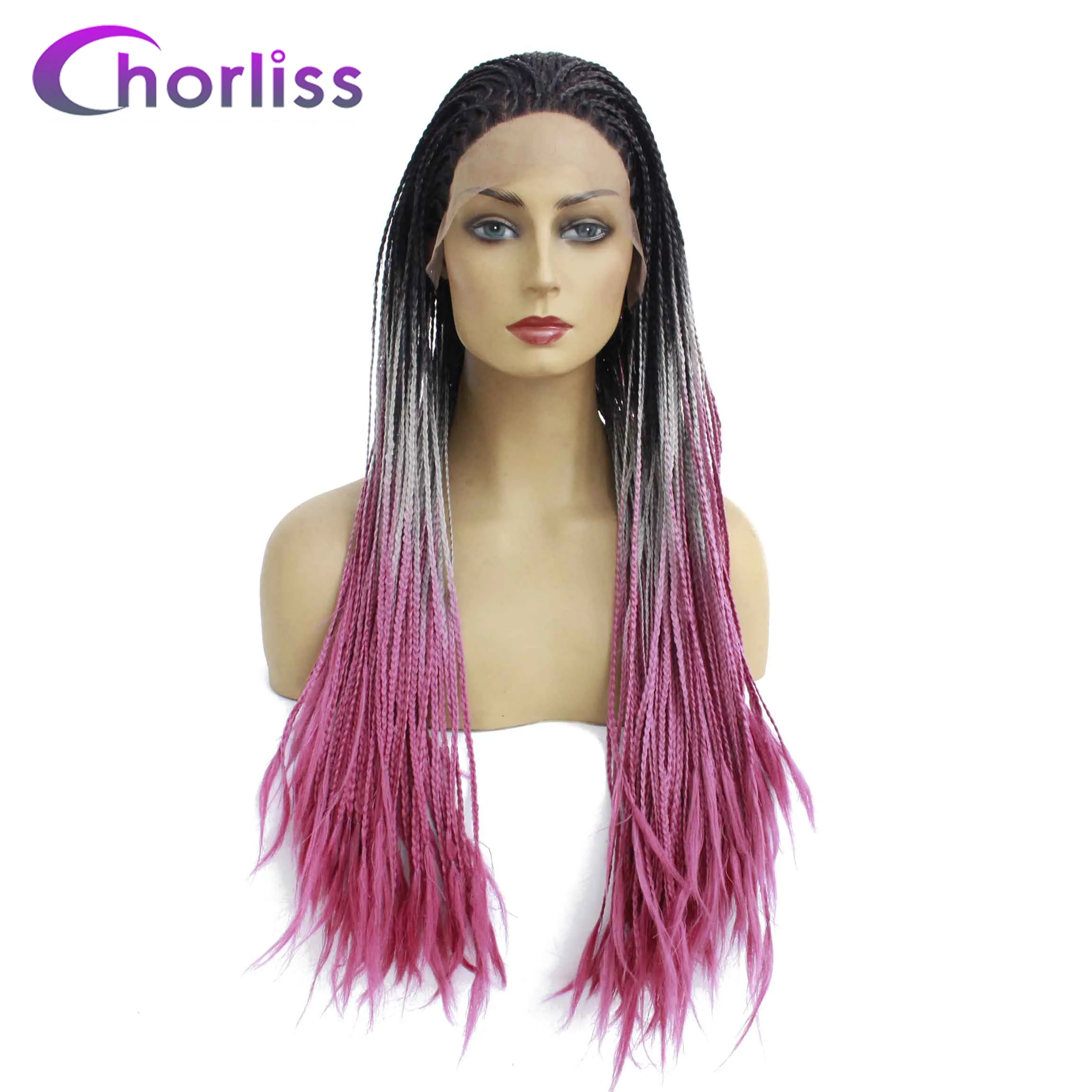 Ombre Pink Длинные натуральные черные женские синтетические волосы на кружеве парики 2x твист косы парик Chorliss розовый синий Сенегальский Косплей парики Рождество - Цвет: Ombre Pink