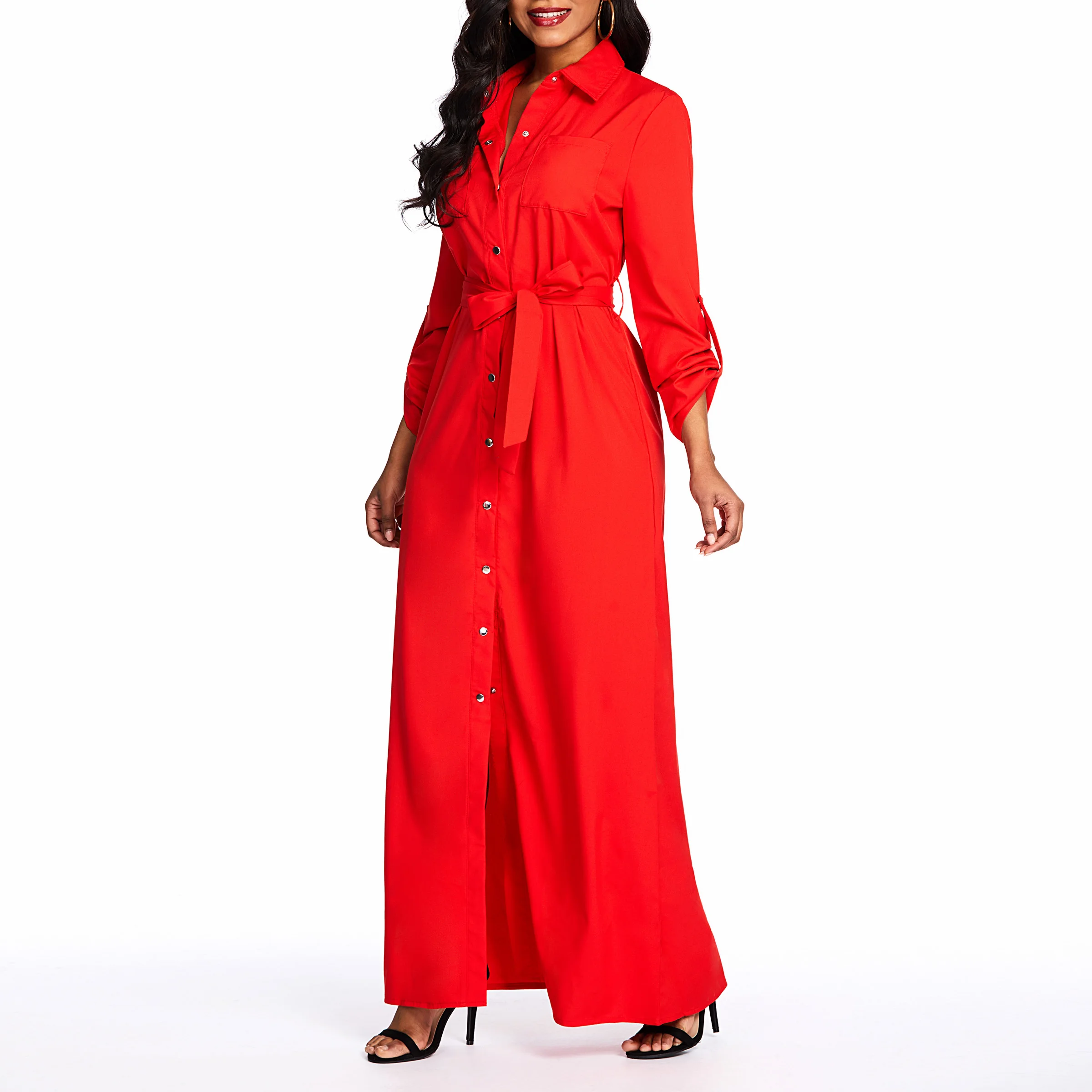 Женское Повседневное платье-рубашка, элегантное однотонное красное простое сексуальное платье с разрезом, на пуговицах, весна-осень, современное модное офисное длинное платье для девушек