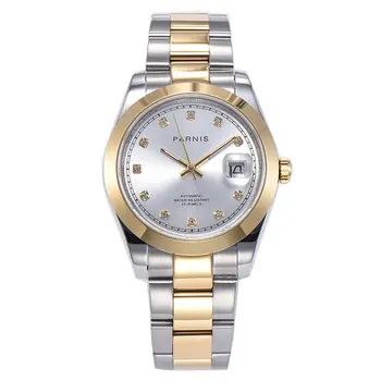 

Sapphire crystal Parnis 39mm silver dial diamond marks gold plated two-tone bracelet automatic mechanical movement men's watch