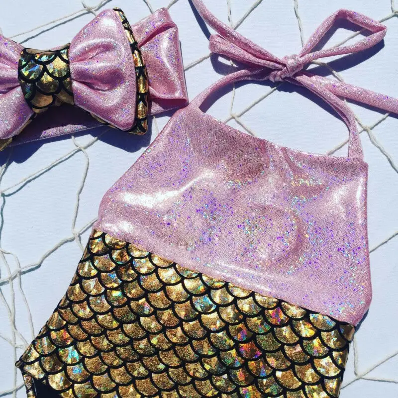 Kids Baby Girl Mermaid Swimwear One-piece Bow Bikini Swimsuit Headband Bathing Suit Beachwear Swimming Costume