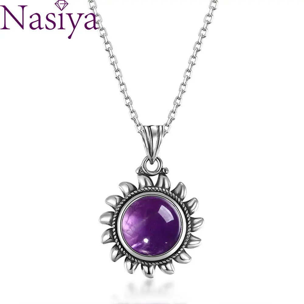Natural Amethyst Necklace for Women Sterling Silver 925 Vintage Style Sun Shaped Pendant Charming Gift Jewelry Whoesale | Украшения и