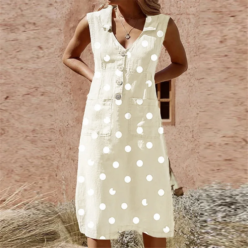 LITTHING летнее платье на пуговицах в стиле бохо с v-образным вырезом и талией размера плюс повседневное однотонное платье миди без рукавов с v-образным вырезом и карманами - Цвет: B beige