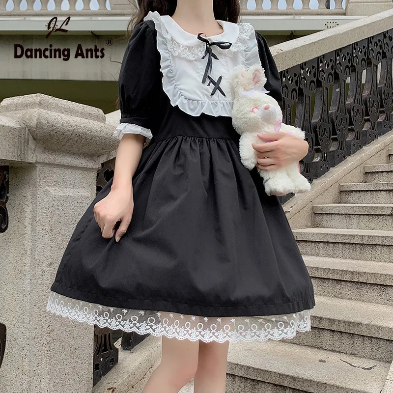 Vintage Gothic Dark Dress Women Lace Patchwork Retro Casaul Short Puff Sleeve Peter Pan Collar French Chic Vestidos | Женская одежда