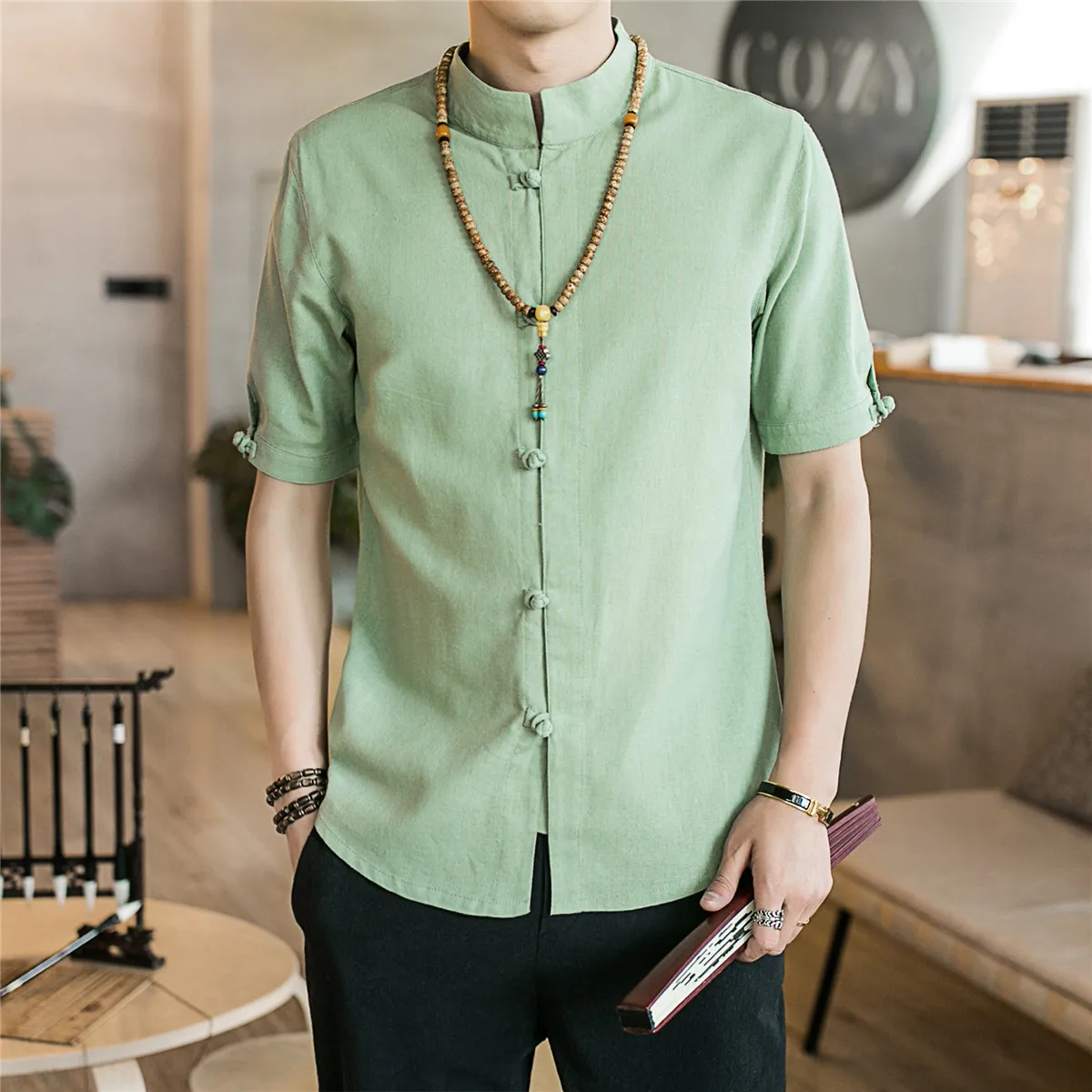 

New Style Chinese-style Summer Flax Half-sleeve Shirt Men Shirt Slim Fit Frog Solid Color Slim Fit Cotton Linen Shirt Men's