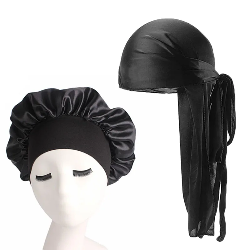 Unisex Men Silk Durag Match Silky Bonnet for Women 2pcs set night sleep cap Bandanas Turban Hat Long Tail Do Waves Cap |