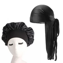 

Unisex Men Silk Durag Match Silky Bonnet for Women 2pcs set night sleep cap Men Bandanas Turban Hat Long Tail Do Durag Waves Cap
