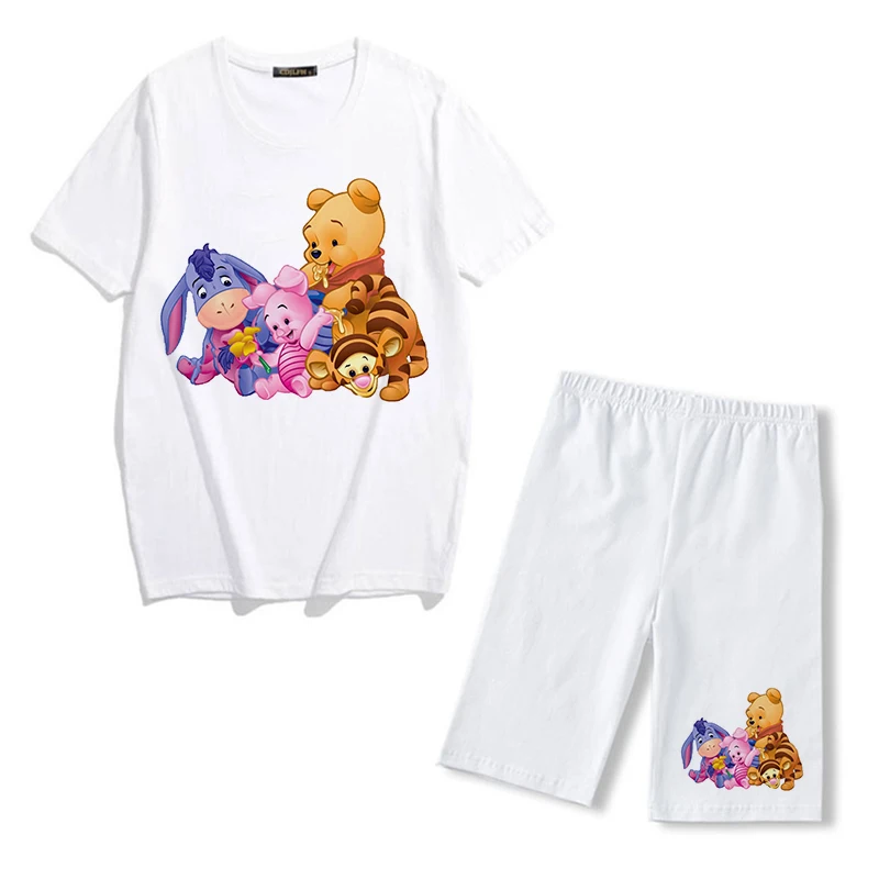 Disney Winnie The Pooh Bear Graphic Women's Two Piece Set Summer Pullover T Shirt And Jogger Shorts Harajuku Korean Tracksuit women's sets Women's Sets