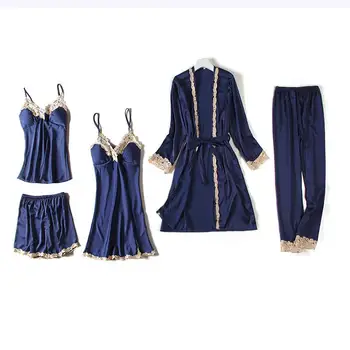 

5PCS Pajamas Suit Lady Bride Bridesmaid Wedding Robe Gown Satin Loose Nighty&Bathrobe Set Sexy Lace Patchwork Homewear Nightwear