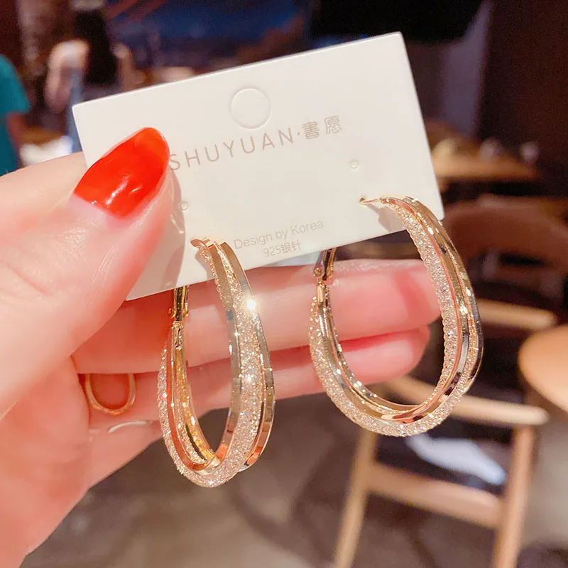 Luxuly High Quality Frosted Hollow Cold Color Metal Hoop Earrings For Women Classic Simple Wedding Earrings Jewelry Party Gift