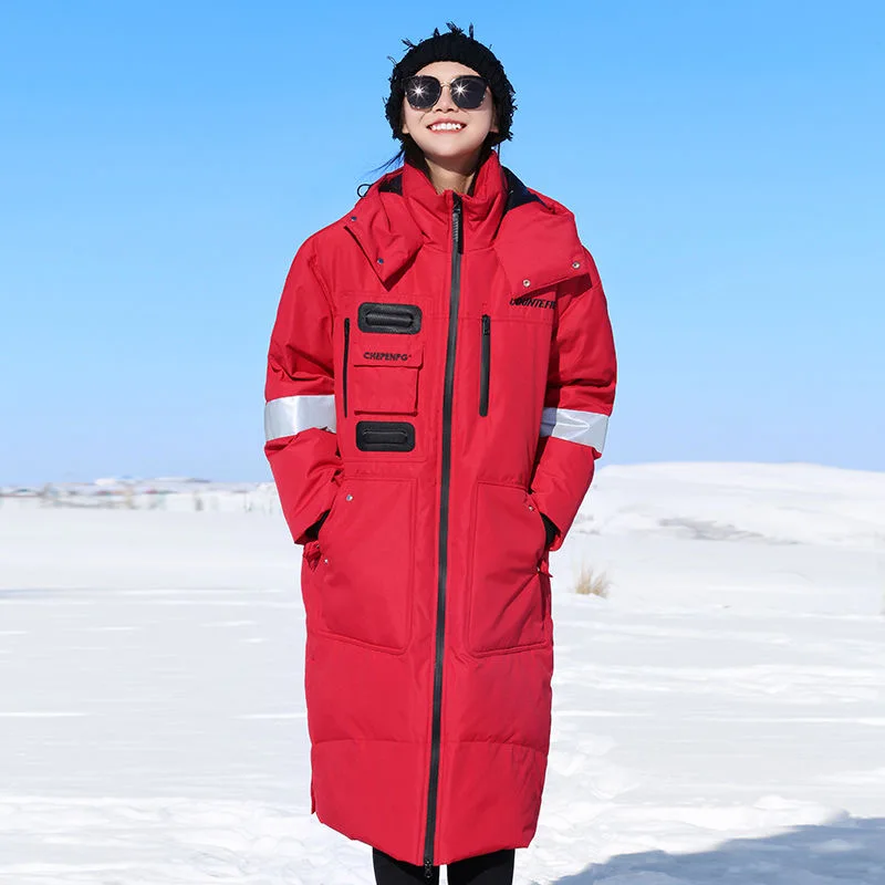 Men's and women's down jackets long white duck down hooded down jackets couple extra warm working snow resort winter traveling