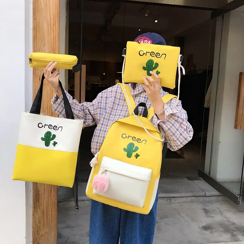 

2019 New Style Printed Cactus Four-piece Set Schoolbag Korean-style College Style Large-Volume School Bag