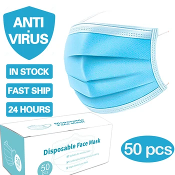 

50/100Pcs Mouth Mask 3 Layers Disposable with Earloops Anti-dust Breathing Filter korean blue Non Woven Face Masks