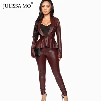 

JULISSA MO 2019 PU Leather Autumn Winter Outfits Women Two Piece Set V-Neck Tops and Long Pants Black Female Casual Tracksuits