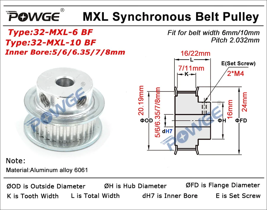 POWGE дюймов 32 Зубьев MXL Зубчатый шкив Диаметр 5/6/6,35/7/8/10 мм для шириной 6 мм 10 мм по методу синхронного ремня Шестерни колеса 32 Зубьев 32 T